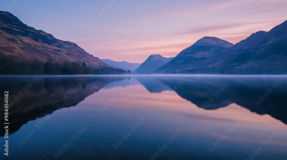 A calm lake surrounded by mountains at dawn A calm lake surrounded by mountains at dawn