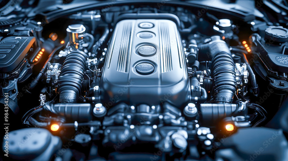 Close-up view of a modern car engine, featuring sleek and precise details of machinery Close-up view of a modern car engine, featuring sleek and precise details of machinery