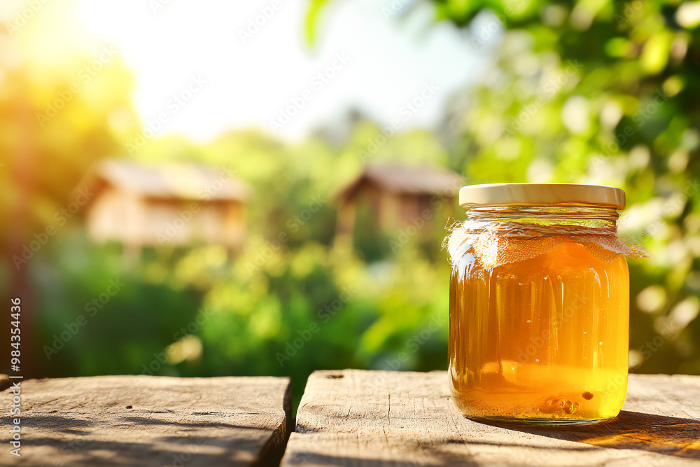 A glass jar of honey near a bee apiary A glass jar of honey near a bee apiary