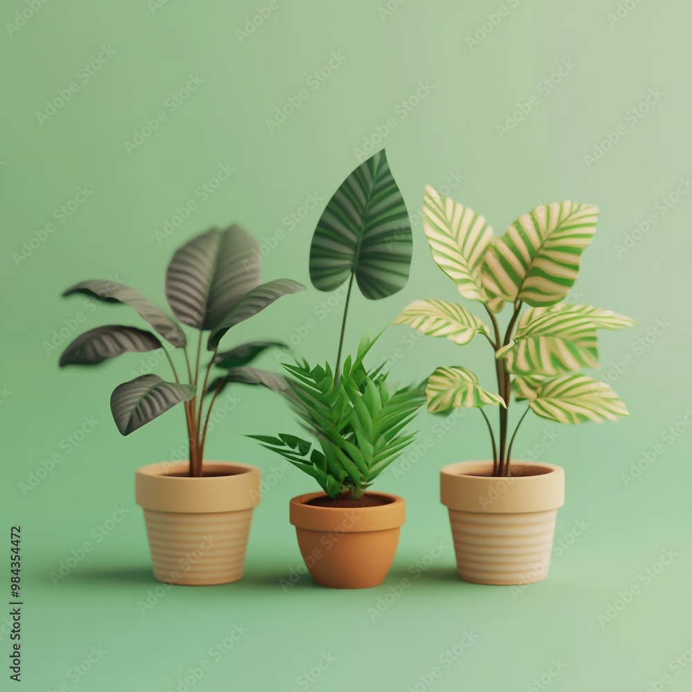 Fototapeta premium 3D Potted Plants Icon: Indoor and Outdoor Plant Decor Logo Illustration
