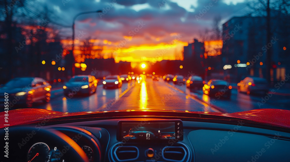 Fototapeta premium A beautiful evening cityscape view from the driver's seat of a luxury car, with colorful lights reflecting off a wet road