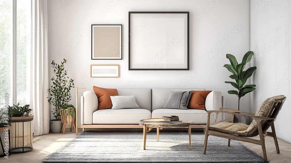 A modern living room with a white sofa, two armchairs, a coffee table, and three picture frames on the wall. There are plants and a rug on the floor. A modern living room with a white sofa, two armchairs, a coffee table, and three picture frames on the wall. There are plants and a rug on the floor.