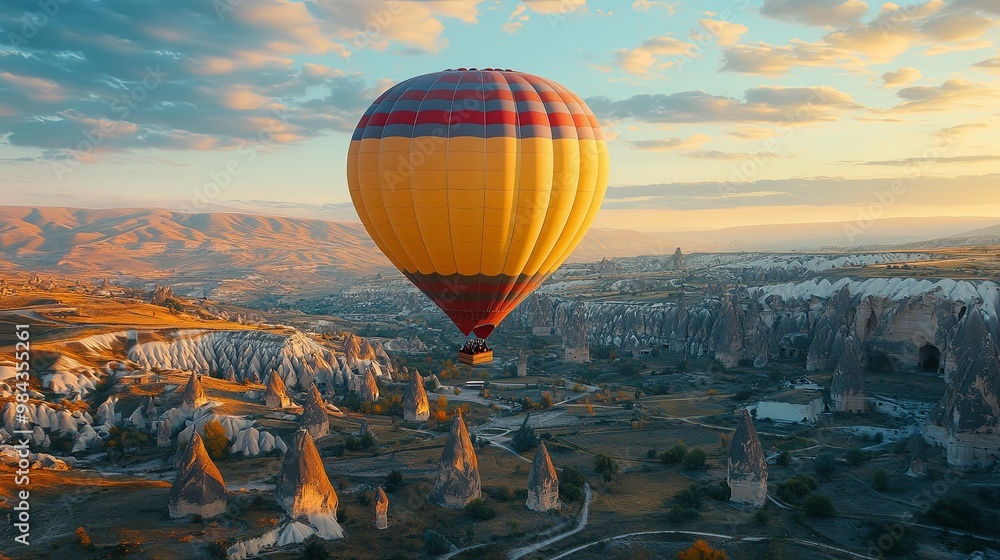 Obraz premium Hot Air Balloon Soaring Over Cappadocia's Unique Rock Formations at Sunset