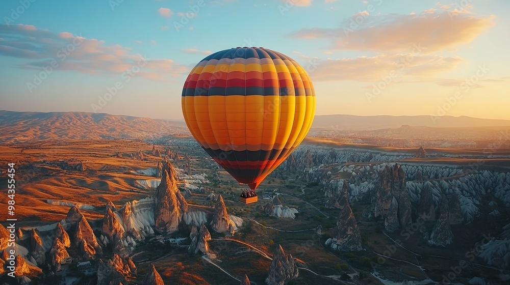 Hot Air Balloon Soaring Over Cappadocia's Fairy Chimneys at Sunset Hot Air Balloon Soaring Over Cappadocia's Fairy Chimneys at Sunset
