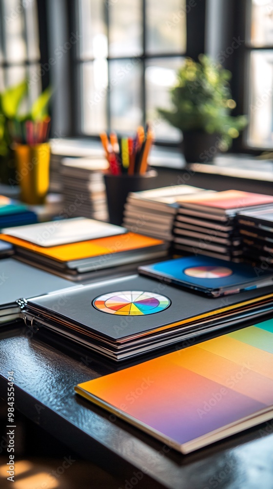 A desk with stacks of colorful notebooks and a color wheel, suggesting creativity and organization. A desk with stacks of colorful notebooks and a color wheel, suggesting creativity and organization.