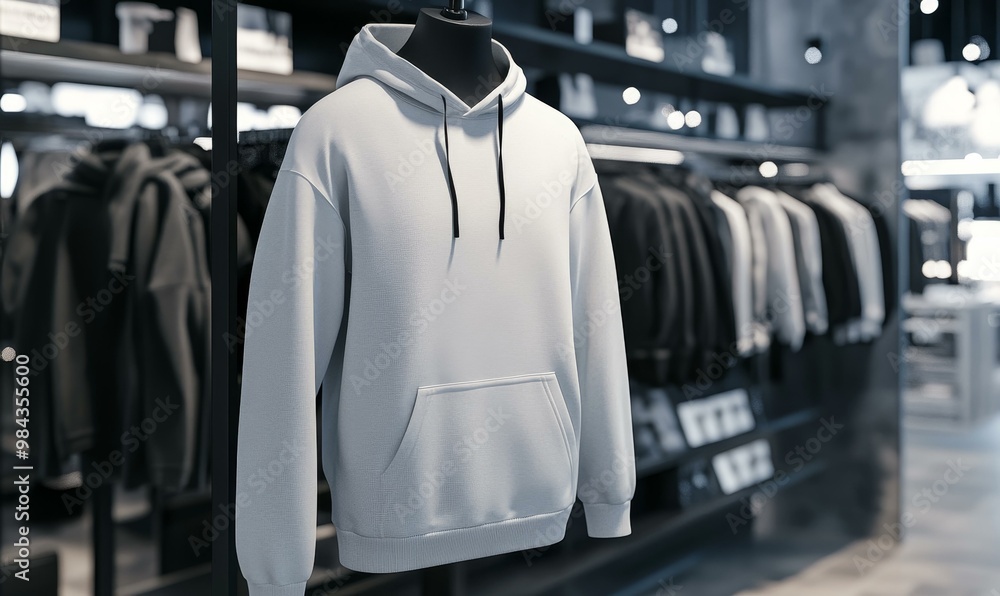 A white hoodie on a mannequin in a clothing store. A white hoodie on a mannequin in a clothing store.