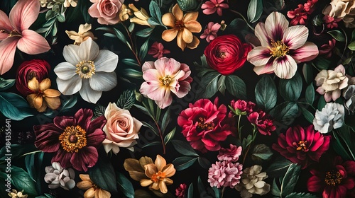 Beautiful garden flowers and leaves on a black background.