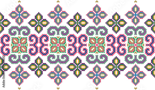 Dark tone cross stitch pattern, spiral and floral shapes, seamless traditional ethnic patterns, abstract design for printing fabric, dress, carpet, curtain.