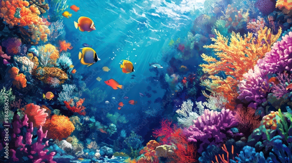 Obraz premium A detailed sea life underwater illustration, showcasing colorful fish, corals, and marine creatures in a vibrant underwater world.