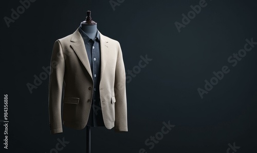 A tan blazer on a mannequin against a dark backdrop.