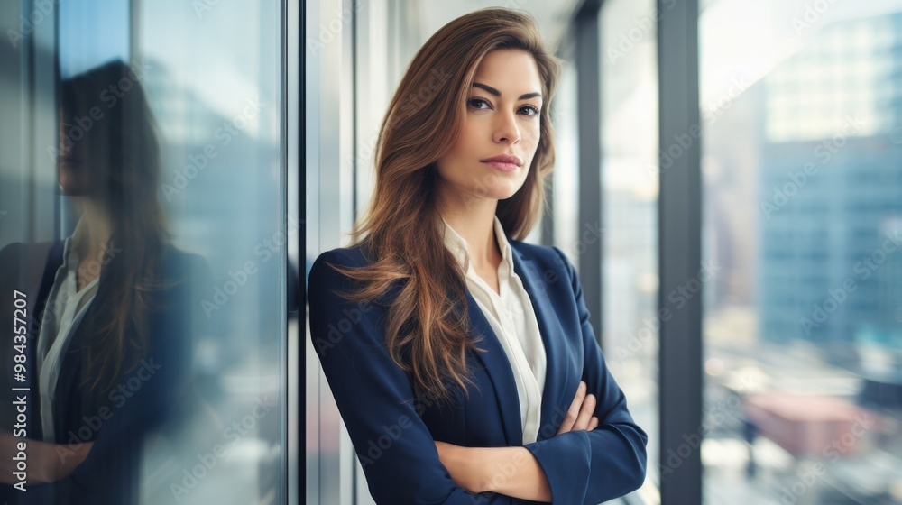 A confident businesswoman in a navy suit standing with arms crossed by a large window with an urban cityscape in the background. A confident businesswoman in a navy suit standing with arms crossed by a large window with an urban cityscape in the background.