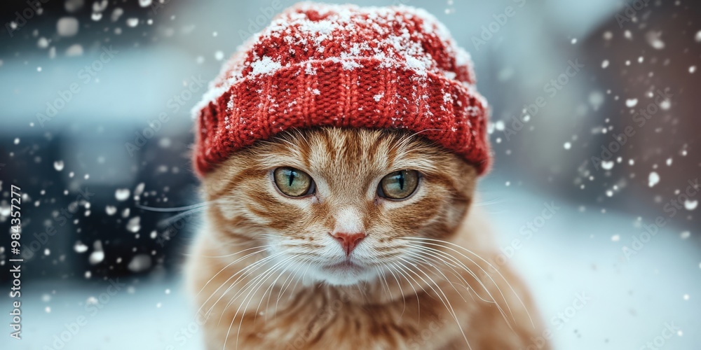 Grumpy Cat Wearing Red Winter Hat in the Snow with Bokeh Lights Grumpy Cat Wearing Red Winter Hat in the Snow with Bokeh Lights