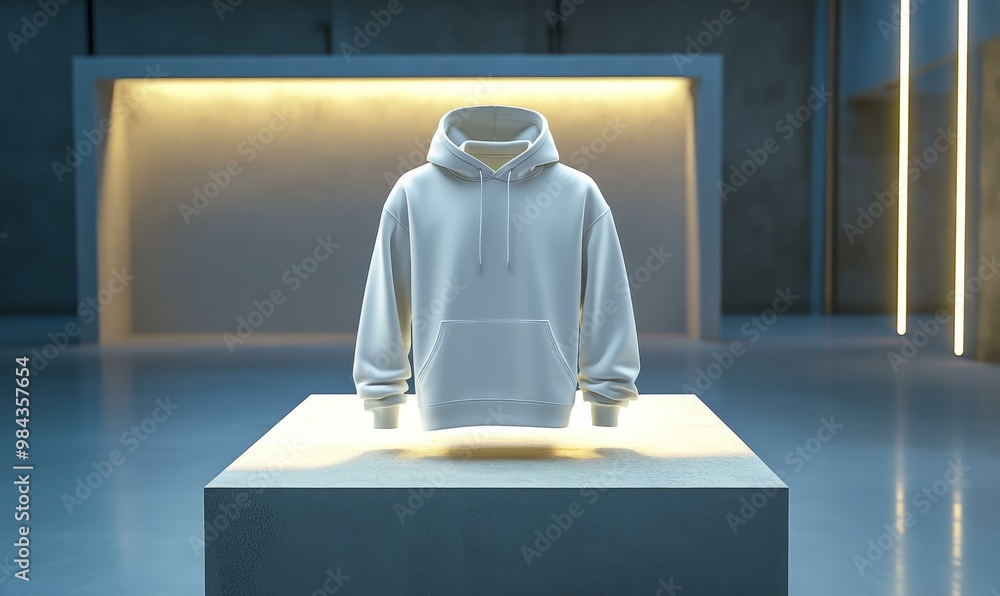 White hoodie on a pedestal in a studio. White hoodie on a pedestal in a studio.