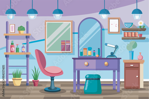 Cartoon beauty salon with vibrant colors, a purple vanity, pink chair, desk, shelf with beauty products, wooden bookcase, clocks, lights, plants, and tranquil decor for hair care  