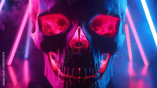 A vibrant skull illuminated by neon lights, creating a striking visual impact.