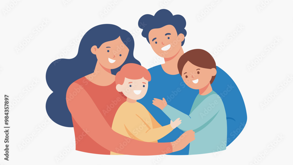 A happy family of four, with parents in colorful attire and kids in green and blue-purple shirts, embrace and smile in a joyful portrait. A happy family of four, with parents in colorful attire and kids in green and blue-purple shirts, embrace and smile in a joyful portrait.