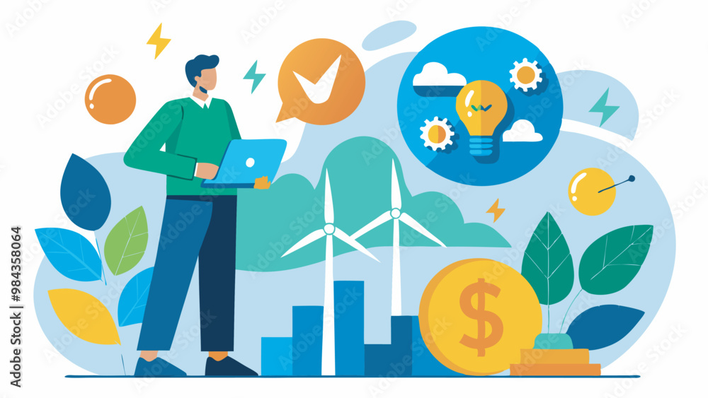 An image showing a man with a laptop displaying a dollar symbol and a giant coin. Surrounding symbols hint at money, technology, and nature. Dimensions are labeled in the scene. An image showing a man with a laptop displaying a dollar symbol and a giant coin. Surrounding symbols hint at money, technology, and nature. Dimensions are labeled in the scene.