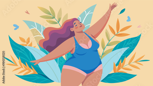 bodypositive. A woman with long purple curly hair in a blue leotard adopts a dancing pose among brightly coloured leaves and butterflies, radiating cheerfulness and beauty.