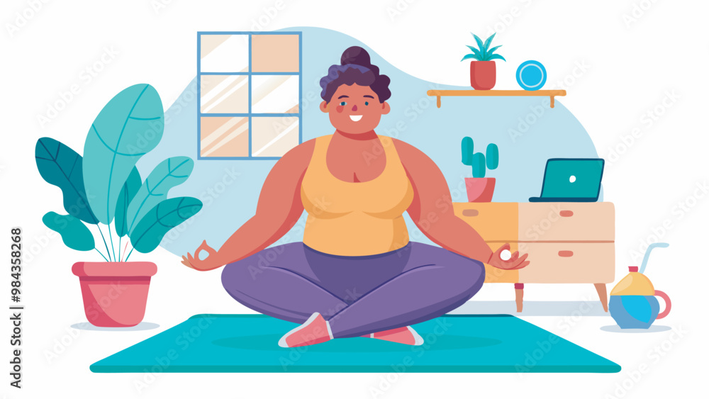 bodypositive. Woman in yoga pose on mat surrounded by plants and laptop. The room is neat, with a blue bottle standing next to it. Bright light with yellow and green shades. bodypositive. Woman in yoga pose on mat surrounded by plants and laptop. The room is neat, with a blue bottle standing next to it. Bright light with yellow and green shades.