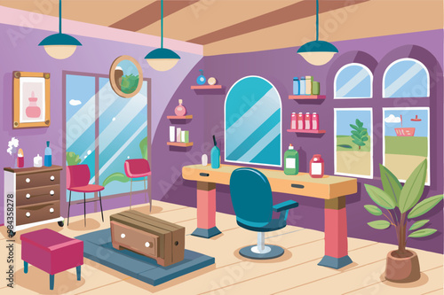 Interior of a hair salon with purple walls, pink accents, mirrors, yellow counter, swivel chair, pink couch, plants, and salon supplies. Clean and inviting space ready for clients.