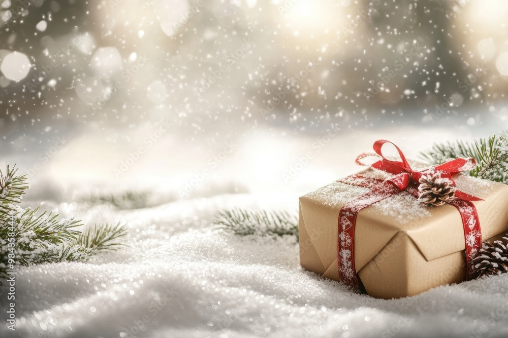 A Wrapped Gift with a Red Bow on a Snowy Background A Wrapped Gift with a Red Bow on a Snowy Background