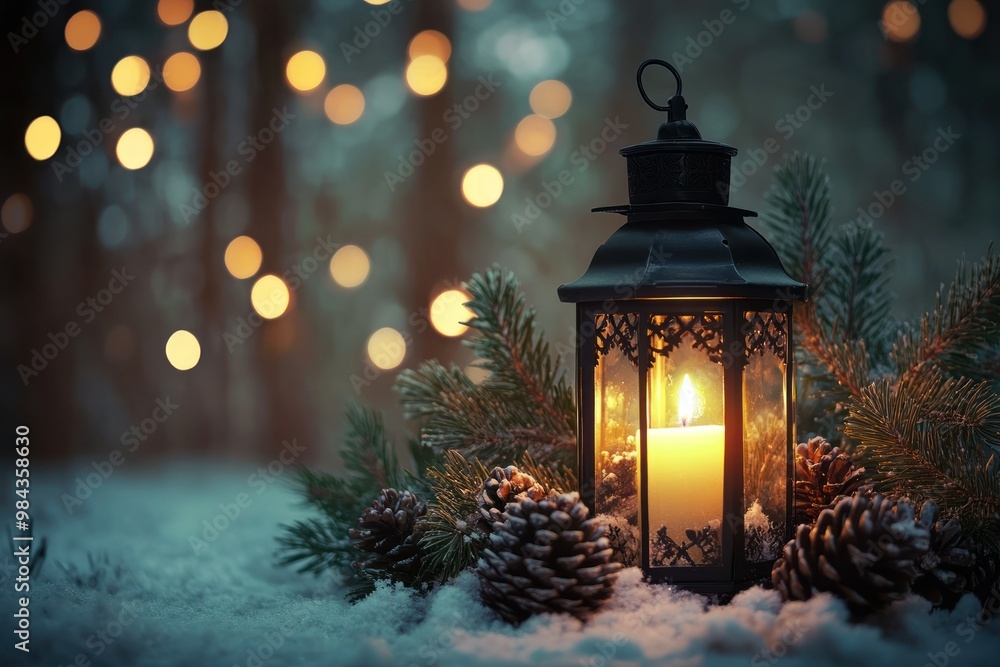 Lantern with a Candle and Pine Cones in a Snowy Forest Setting Lantern with a Candle and Pine Cones in a Snowy Forest Setting