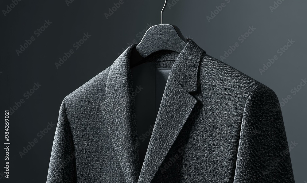 Grey suit jacket on hanger against dark background. Grey suit jacket on hanger against dark background.