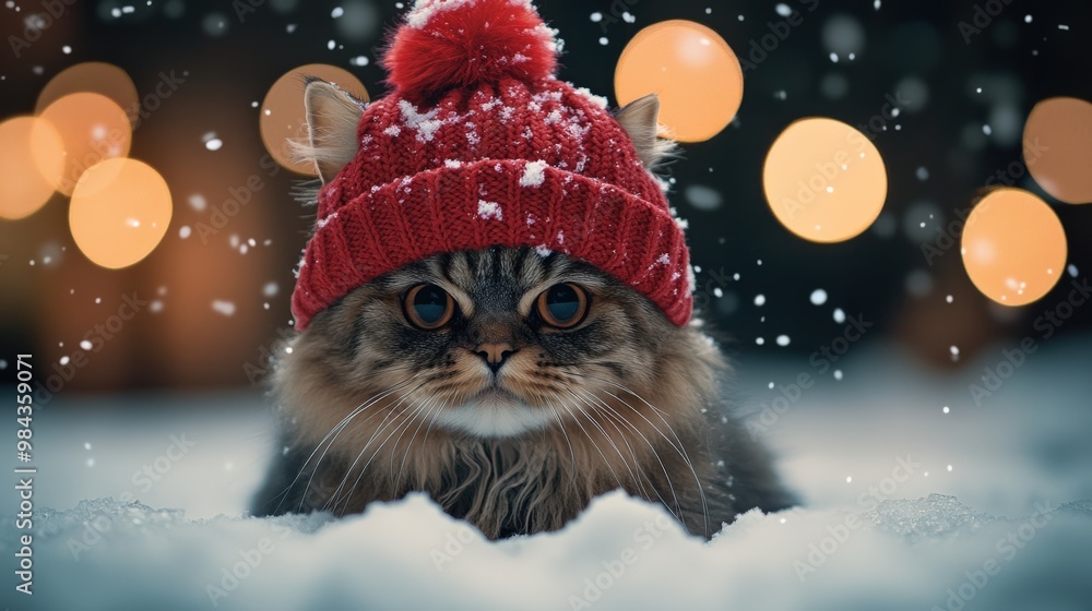 Grumpy Cat Wearing Red Winter Hat in the Snow with Bokeh Lights Grumpy Cat Wearing Red Winter Hat in the Snow with Bokeh Lights