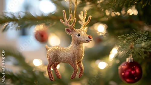  a Christmas ornament shaped like a reindeer hanging on a tree photo