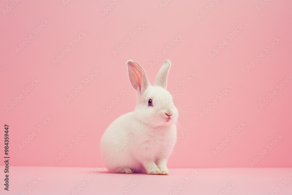 Fototapeta premium Cute white rabbit on pink background. Studio shot.