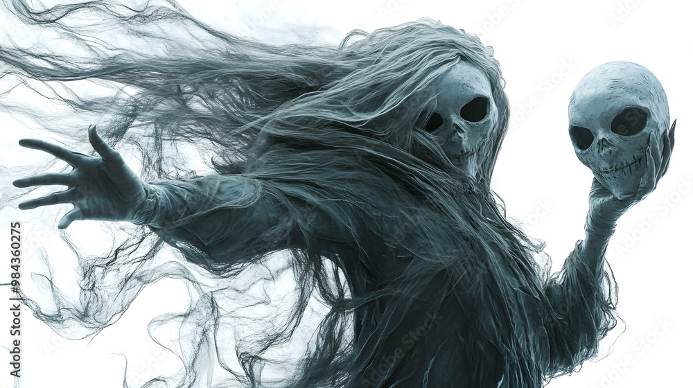 Fototapeta premium A haunting banshee with flowing ghostly hair, holding Halloween party masks, eerie and ethereal, 3D rendering, isolated on white background