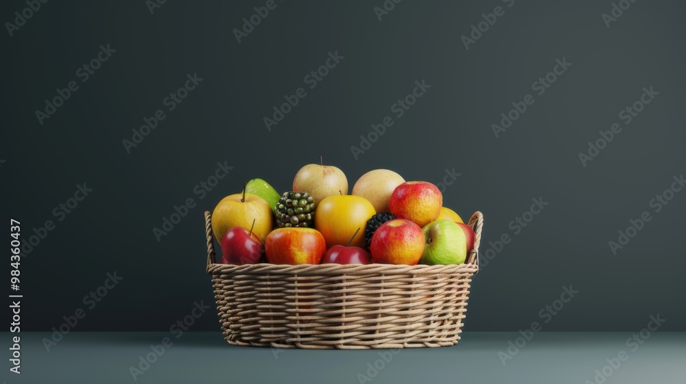 A vibrant basket filled with assorted apples sits against a dark backdrop, showcasing a colorful assortment of fresh fruit. A vibrant basket filled with assorted apples sits against a dark backdrop, showcasing a colorful assortment of fresh fruit.
