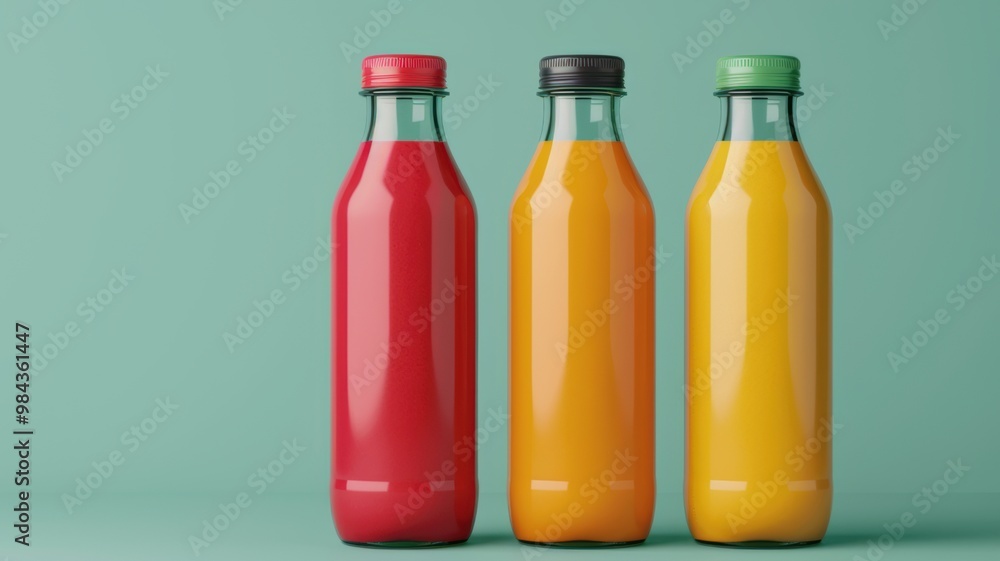 Three vibrant glass bottles of juice in red, orange, and yellow against a light green background, showcasing refreshing beverages. Three vibrant glass bottles of juice in red, orange, and yellow against a light green background, showcasing refreshing beverages.