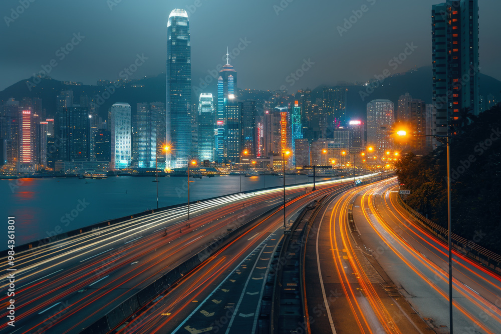 Fototapeta premium City Night Lights: Urban Skyline and Traffic Trails at Dusk