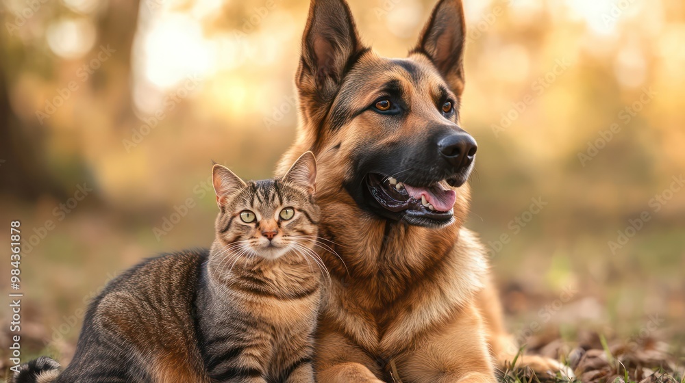 A heartwarming scene of a dog and cat together, sitting peacefully side by side, showcasing their strong bond. A heartwarming scene of a dog and cat together, sitting peacefully side by side, showcasing their strong bond.