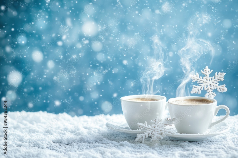Two Cups of Steaming Coffee in a Snowy Winter Setting Two Cups of Steaming Coffee in a Snowy Winter Setting