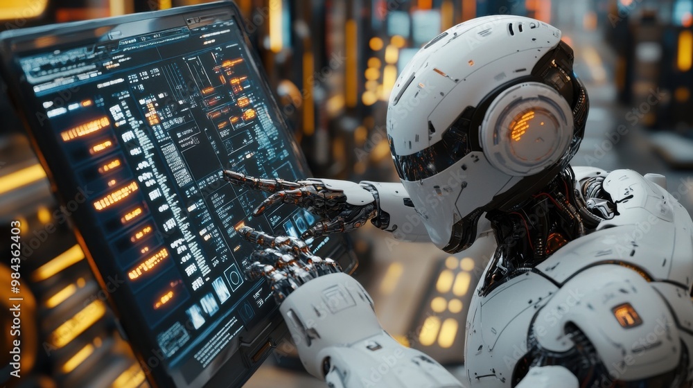 Illustration of a virtual robot in a stock trading area controlled by a robot under modern technology system. Technology of the future. Illustration of a virtual robot in a stock trading area controlled by a robot under modern technology system. Technology of the future.