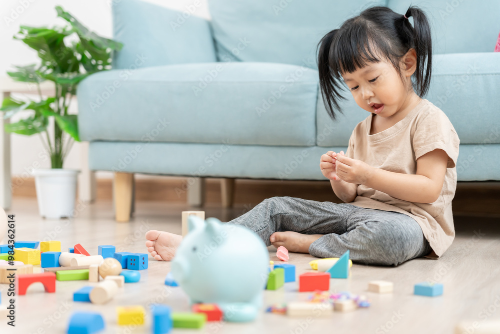 Happy Asia children play and learn toy blocks.family is happy and excited in the house. daughter having fun spending time, Activity, development, IQ, EQ, meditation, brain, muscles, essential skills.