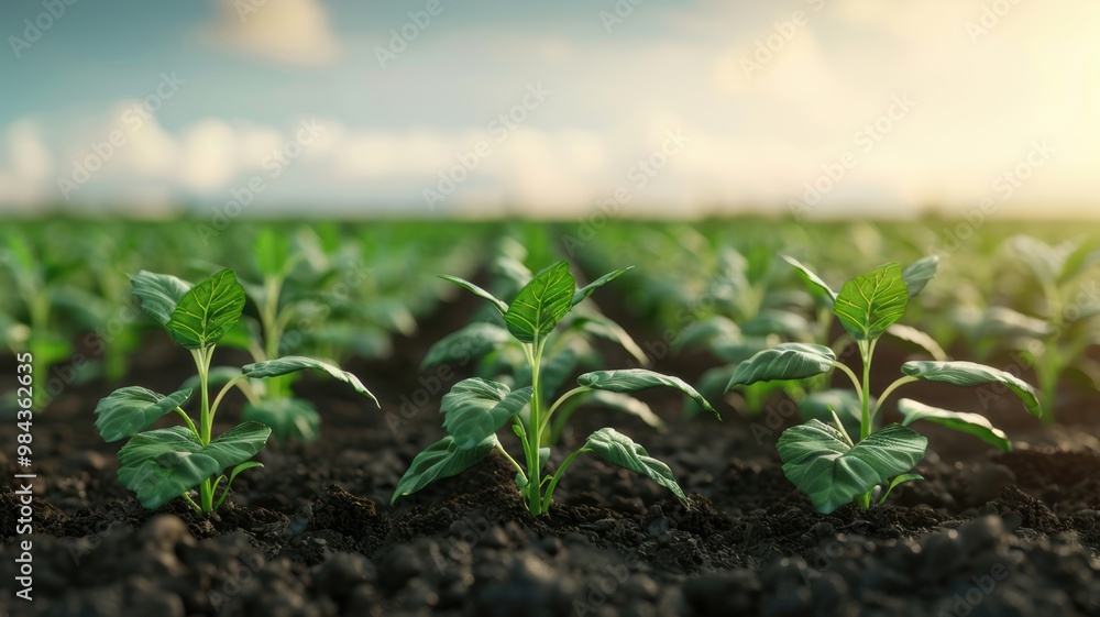 A lush field of young green plants thrives under a bright sky, showcasing essential growth and vitality in agriculture. A lush field of young green plants thrives under a bright sky, showcasing essential growth and vitality in agriculture.