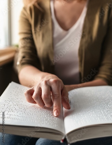 Primer plano de una mujer ciega leyendo un libro en braille; centrado en sus manos y el texto.