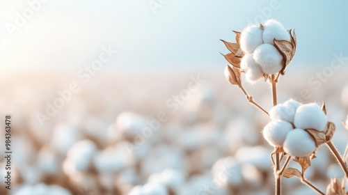 Two cotton bolls stand out against a blurred background of a cotton field. The image highlights the purity and growth of natural fibers in an idyllic agricultural scene. photo