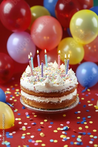 Birthday cake and balloons on red coloured background. photo