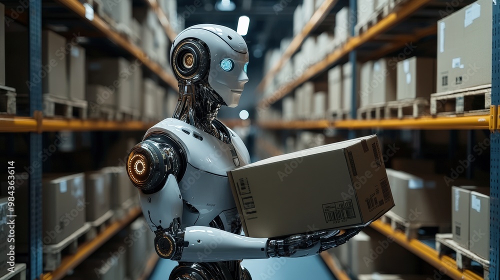 Humanoid robot working in a futuristic warehouse carrying boxes Humanoid robot working in a futuristic warehouse carrying boxes