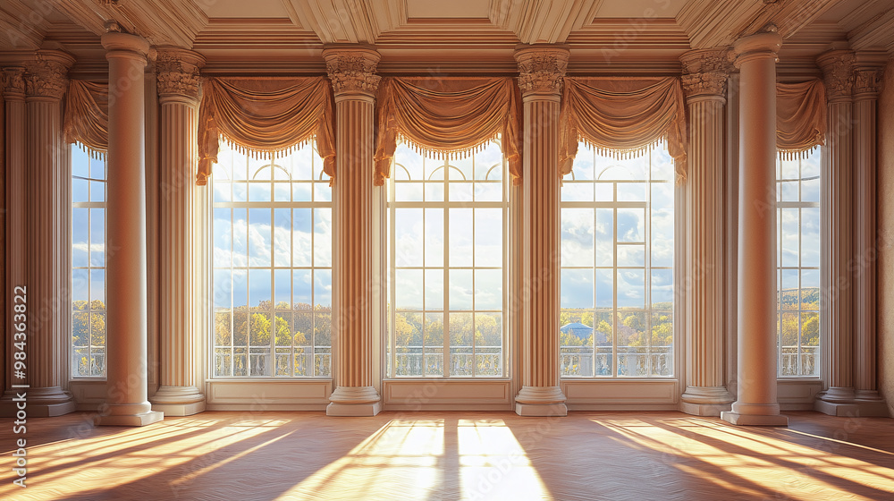 A room with columns and a large window