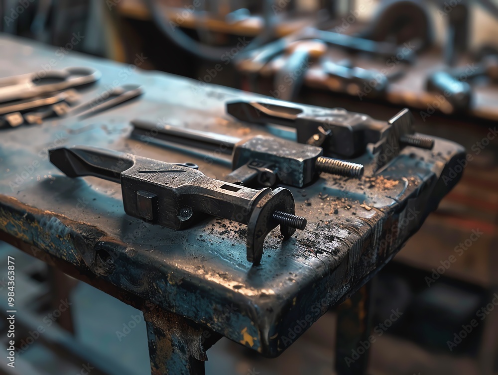 Metal clamping tools on a workbench Metal clamping tools on a workbench