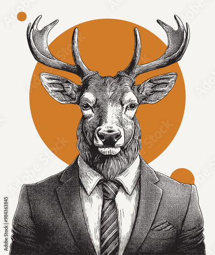 Vintage engraving of a couple of moose headed man wearing suits