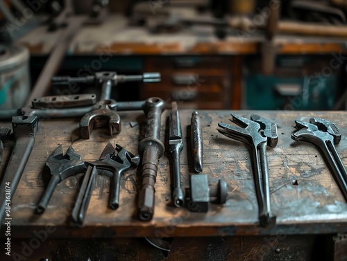 Metal clamping tools on a workbench photo