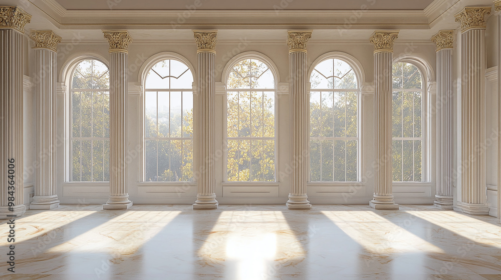 A room with columns and a large window A room with columns and a large window