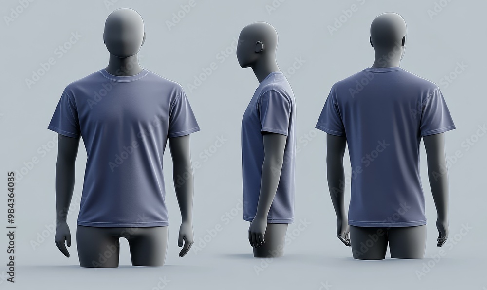 Three mannequins wearing blue t-shirts. Three mannequins wearing blue t-shirts.