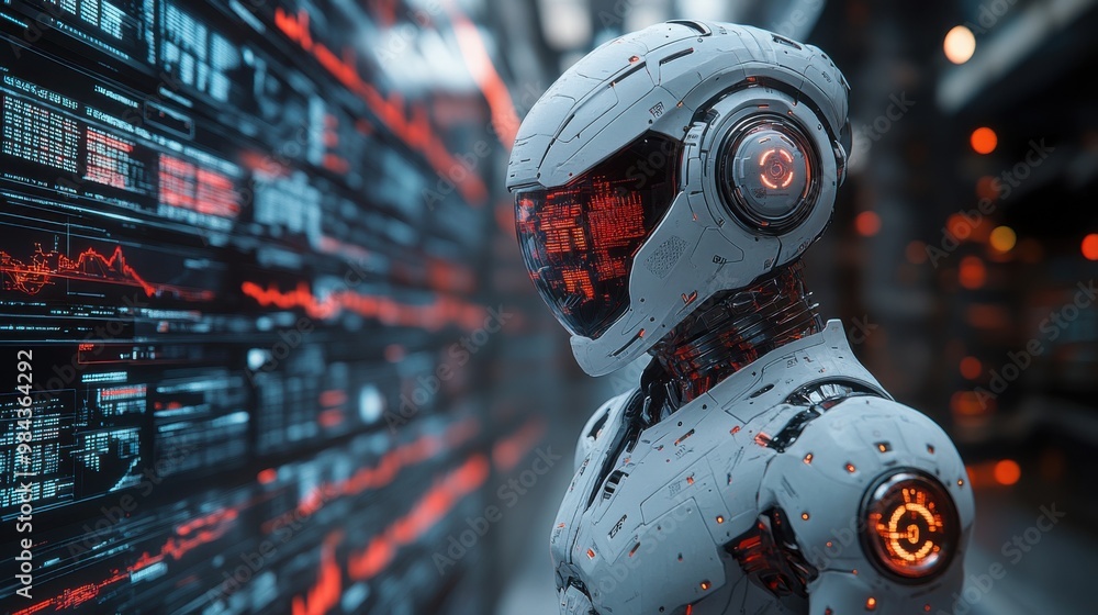 Illustration of a virtual robot in a stock trading area controlled by a robot under modern technology system. Technology of the future. Illustration of a virtual robot in a stock trading area controlled by a robot under modern technology system. Technology of the future.
